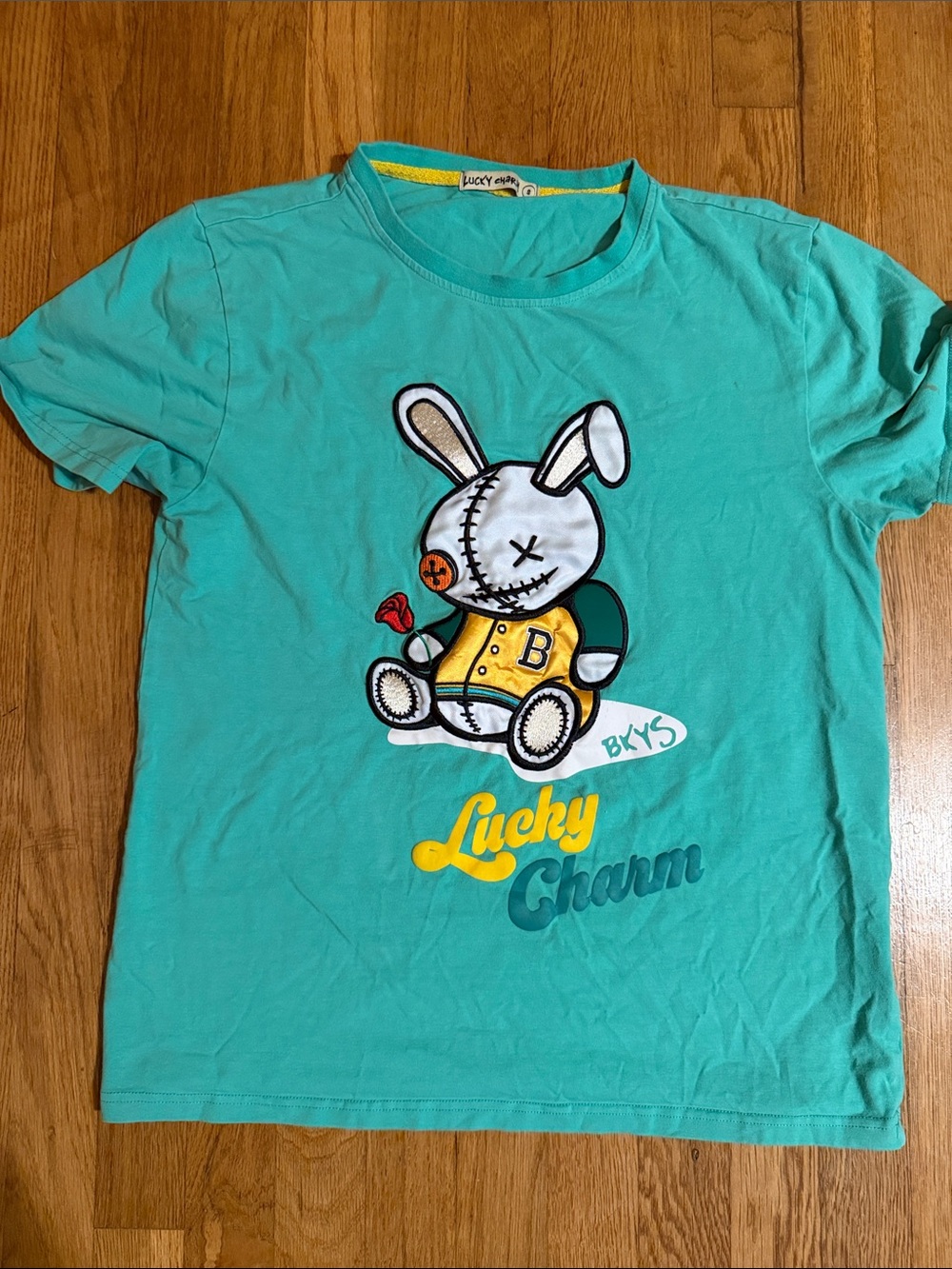 Lucky Brand Teal Short Sleeve Bunny Graphic Tee with Yellow Accents